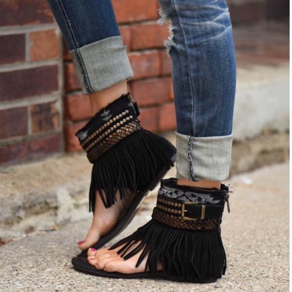 naughty monkey Shoes - Tan Boho Chic Fringe Leather Sandal